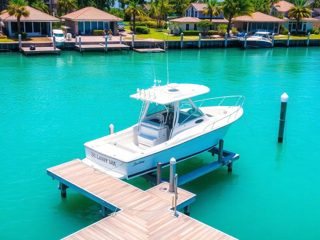 Boat raised out of the water on a lift beside a dock
