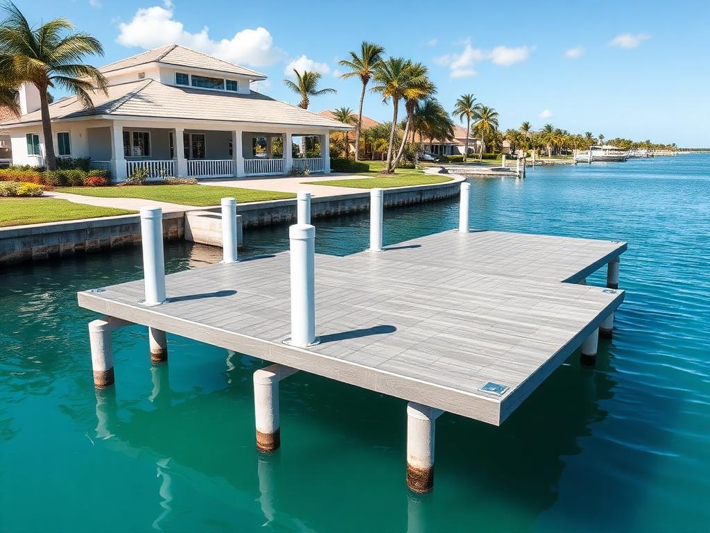 New composite dock extending over calm water