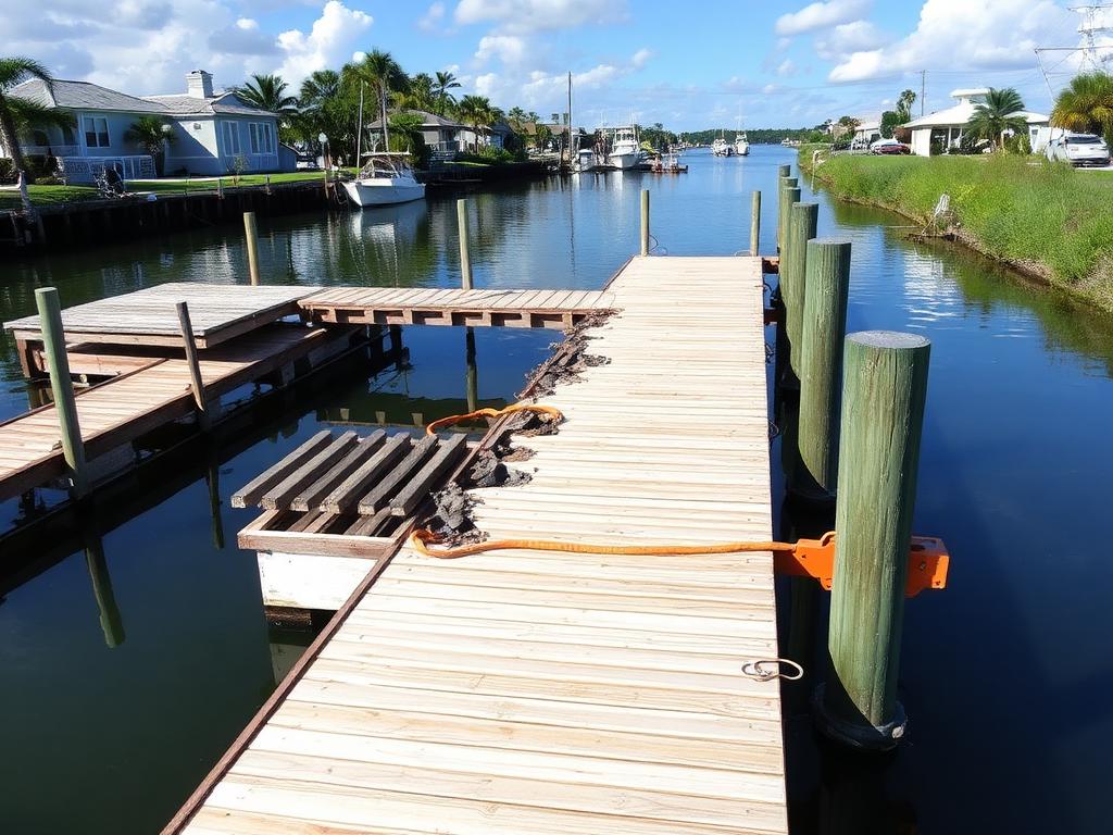 Composite dock with railing over calm water
