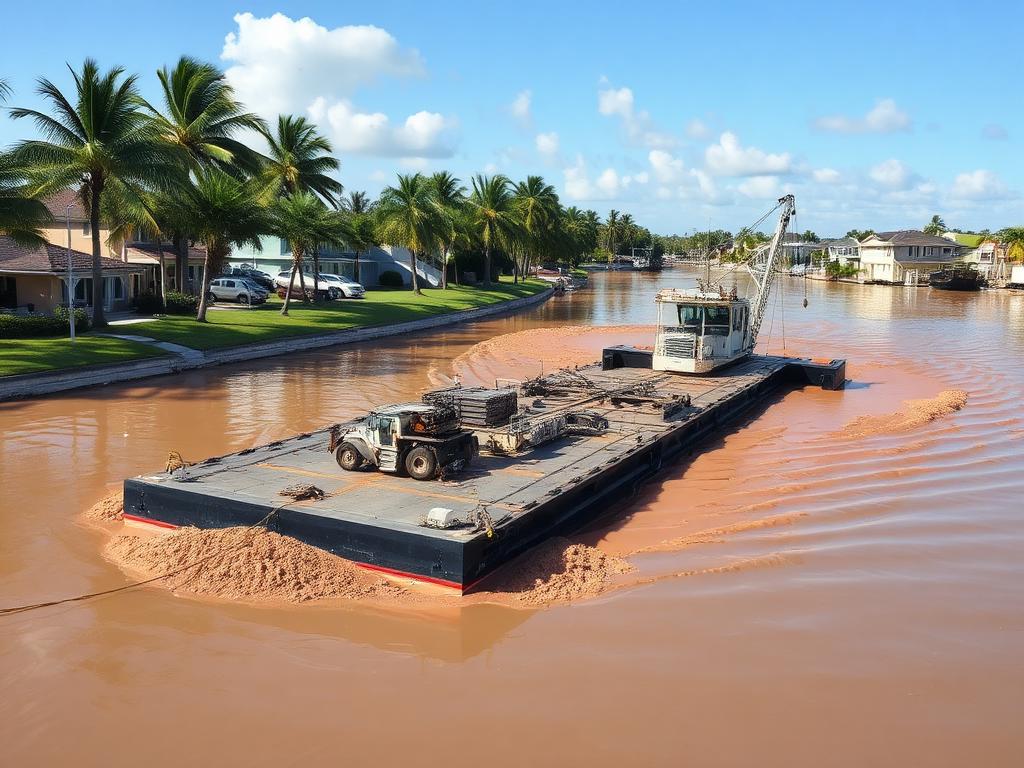Dredging equipment working a shallow coastal channel