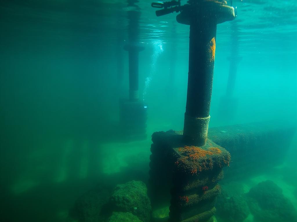 Underwater view along a submerged marine structure